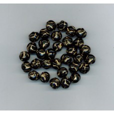 Bohemian Glass Crinkled Round Black Bead with Gold Detail