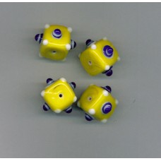 Indian Lampwork Beads Yellow Cube with Blue & White Dots